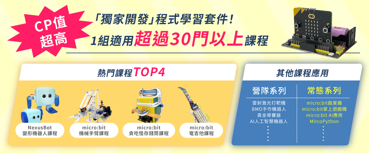 「獨家開發」程式學習套件，一套適用超過30門以上的課程